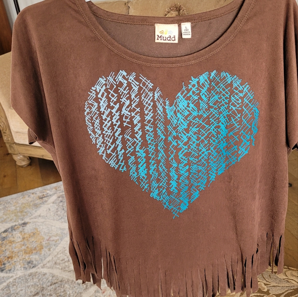 Mudd Blouse -Brown w/Blue heart (Size 14 but fits Women Small)